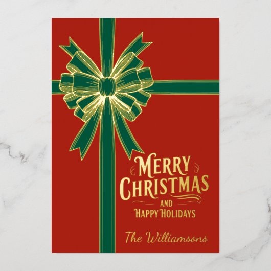 メリークリスマス、金ゴールドボウ、写真レッド 箔シーズンカード (正面)