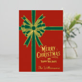 メリークリスマス、金ゴールドボウ、写真レッド 箔シーズンカード (立ち正面)