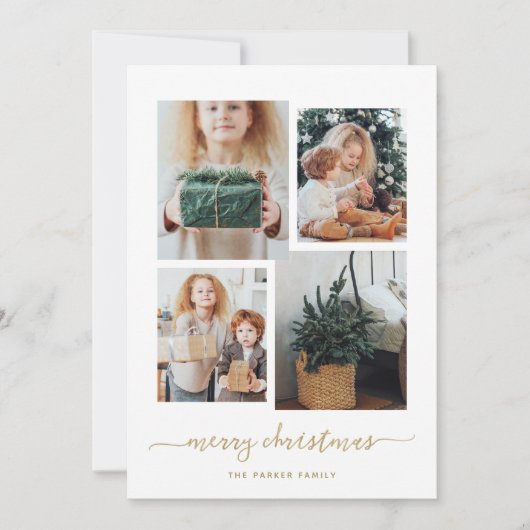 メリークリスマス |金ゴールドモダン4枚のフォトコラージュ シーズンカード (正面)