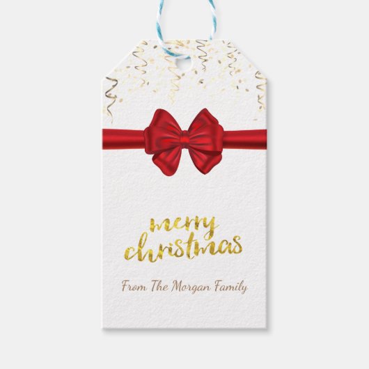 メリークリスマス、金ゴールド紙吹雪、レッドボウ、ホワイト ギフトタグ (正面)