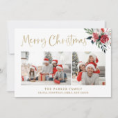 メリークリスマス |金ゴールド（2枚の写真と花） シーズンカード (正面)