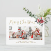 メリークリスマス |金ゴールド（2枚の写真と花） シーズンカード (スタンド正面)