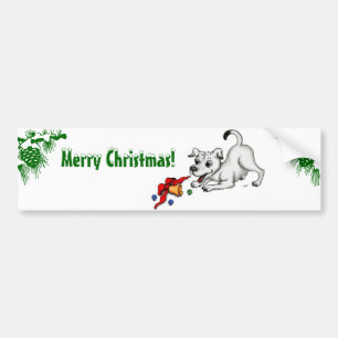 メリークリスマス! 鐘および球を持つ子犬 バンパーステッカー