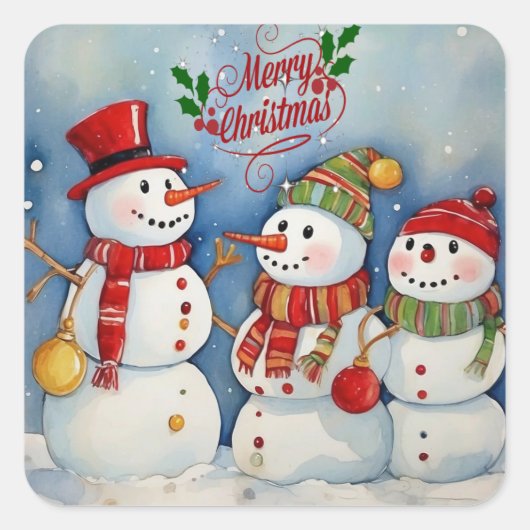 メリークリスマス、雪だるまお祝い スクエアシール (正面)
