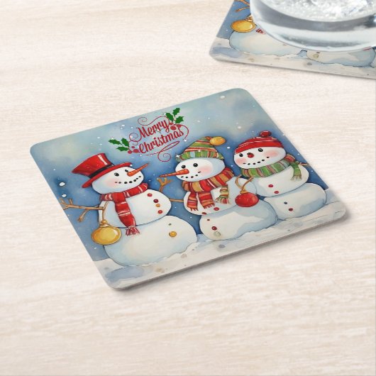 メリークリスマス、雪だるまお祝い スクエアペーパーコースター (アングル)