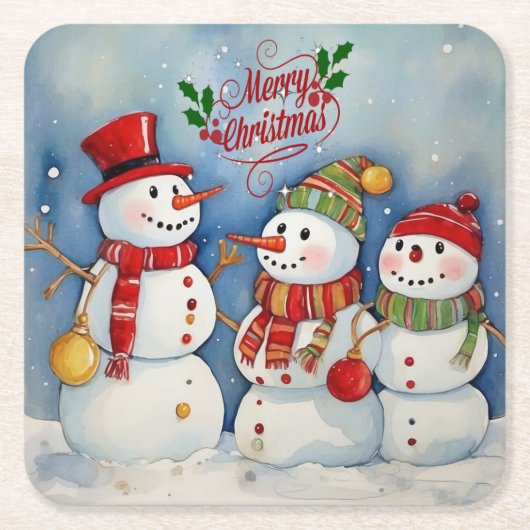 メリークリスマス、雪だるまお祝い スクエアペーパーコースター (正面)