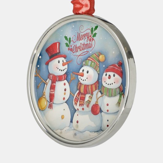 メリークリスマス、雪だるまお祝い メタルオーナメント (左)