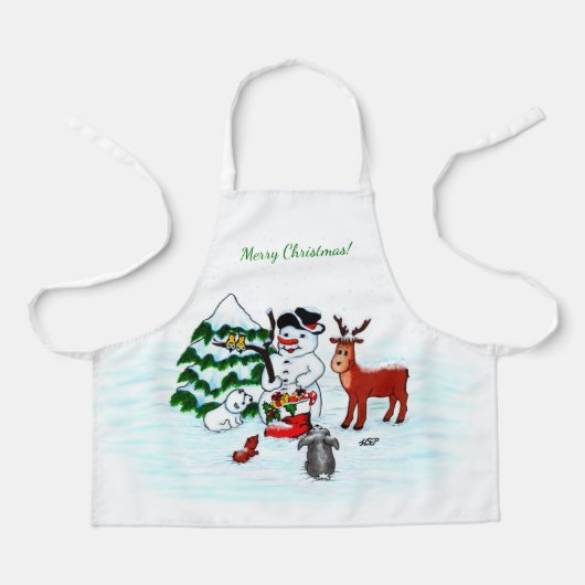 メリークリスマス!雪だるまと友だち エプロン (正面)