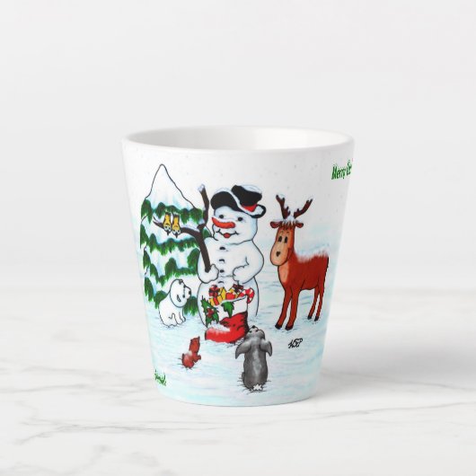 メリークリスマス!雪だるまと友だち カフェラテマグ (正面)