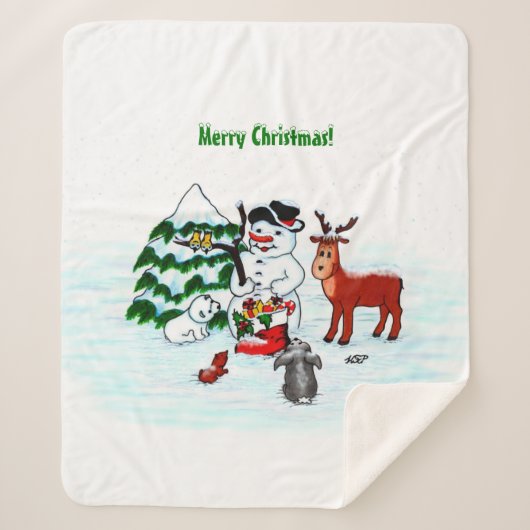 メリークリスマス!雪だるまと友だち シェルパブランケット (正面)