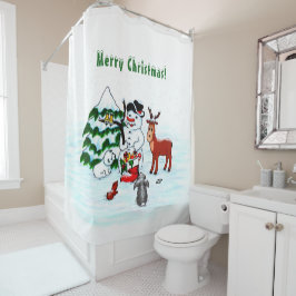 メリークリスマス!雪だるまと友だち シャワーカーテン