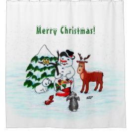 メリークリスマス!雪だるまと友だち シャワーカーテン