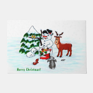 メリークリスマス!雪だるまと友だち ドアマット