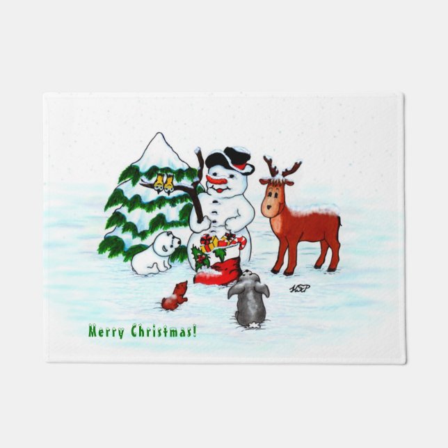 メリークリスマス!雪だるまと友だち ドアマット (正面)