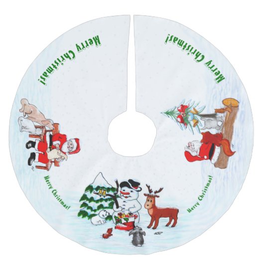 メリークリスマス!雪だるまと友だち ブラッシュドポリエステルツリースカート (正面)