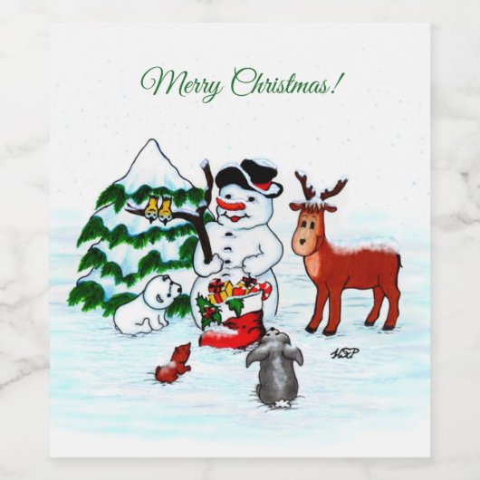 メリークリスマス!雪だるまと友だち ワインラベル (シングルラベル)