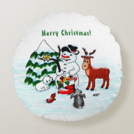 メリークリスマス！雪だるまと友達 ラウンドクッション