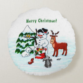 メリークリスマス!雪だるまと友達 ラウンドクッション