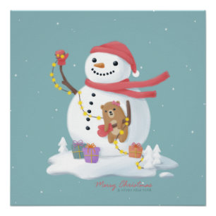 メリークリスマス：雪だるまイラストレーションアート ポスター