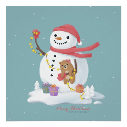 メリークリスマス：雪だるまイラストレーションアート ポスター (正面)