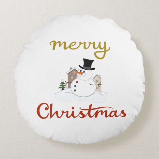 メリークリスマス+雪だるまデザイン ラウンドクッション (正面)