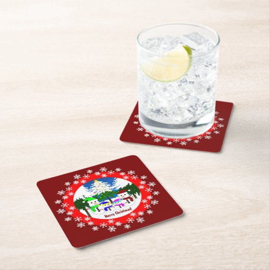 メリークリスマス!雪だるまファミリー紙コースター スクエアペーパーコースター (インサイチュ)