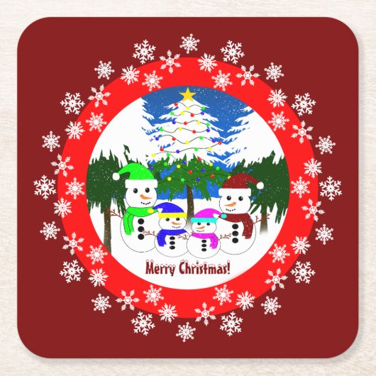 メリークリスマス!雪だるまファミリー紙コースター スクエアペーパーコースター (正面)