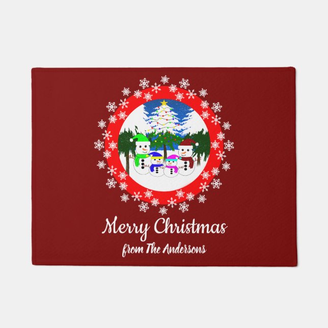 メリークリスマス!雪だるまファミリ形式 ドアマット (正面)
