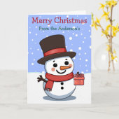 メリークリスマス 雪だるま オーダーメイドの家族の名前 カード (黄色い花)