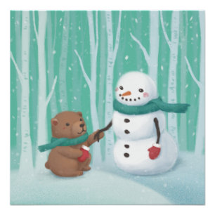メリークリスマス:雪だるま&ベアイラストレーションアート ポスター