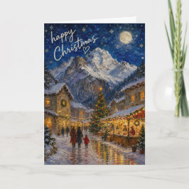 メリークリスマス 雪のヨーロッパの村のご挨拶 カード