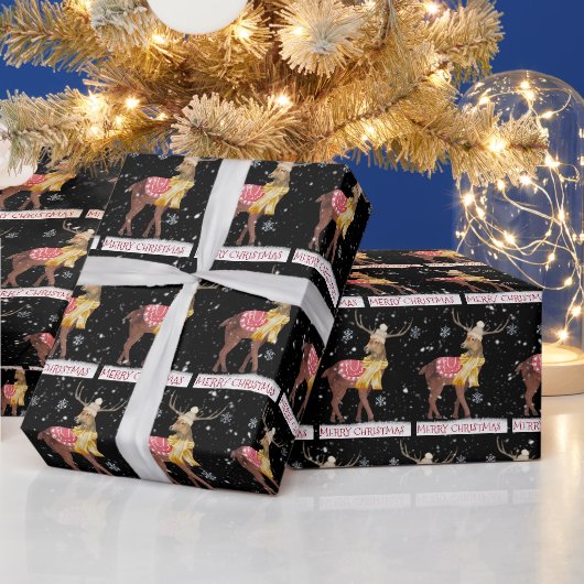 メリークリスマス 雪の結晶の中の鹿 ラッピングペーパー (クリスマス)