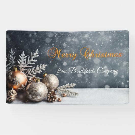 メリークリスマス、雪の結晶、ボール、グレー 横断幕 (横)