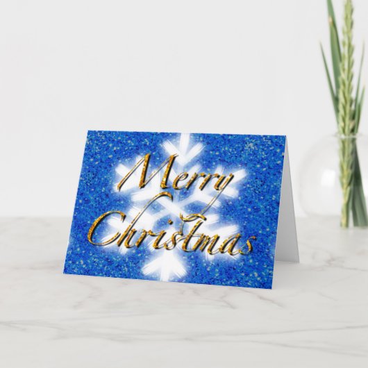 メリークリスマス、青いスパークルの雪の結晶 カード (正面)