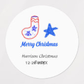 メリークリスマス 青い星 赤いストッキング 名前 日付  ラベル (デザイン1)