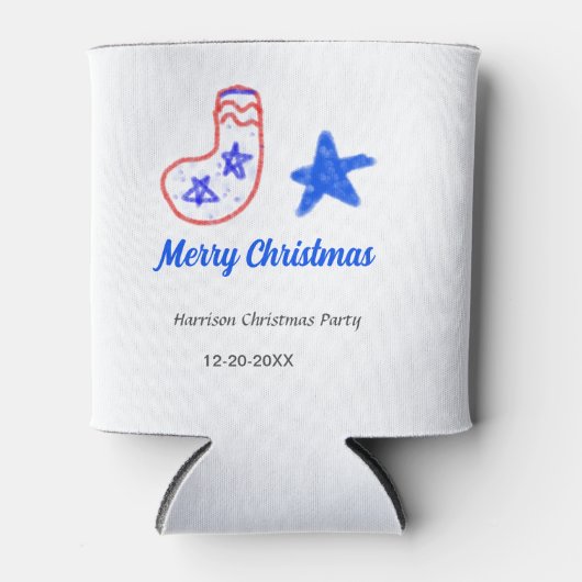 メリークリスマス 青い星 赤いストッキング 名前 日付  缶クーラー (正面)