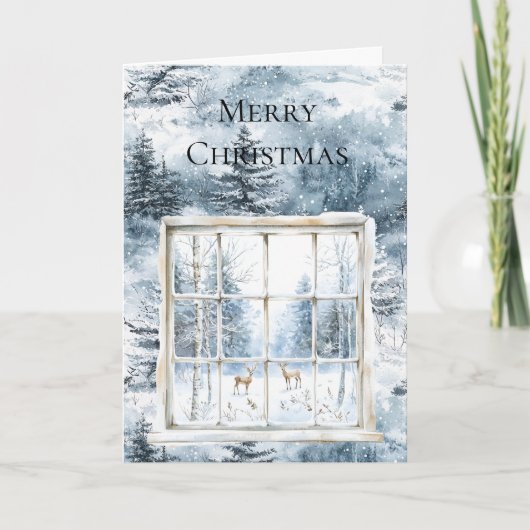メリークリスマス 青い雪 冬の木 鹿 窓 カード (正面)