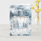 メリークリスマス 青い雪 冬の木 鹿 窓 カード (黄色い花)