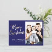 メリークリスマス |青カスタム金ゴールド |休日の写真 招待状 (スタンド正面)