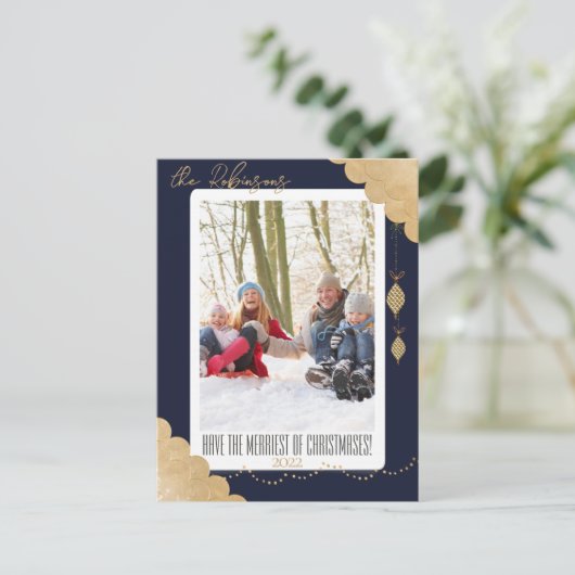 メリークリスマス |青モダン色写真ダークネイビーブルー シーズンポストカード (スタンド正面)