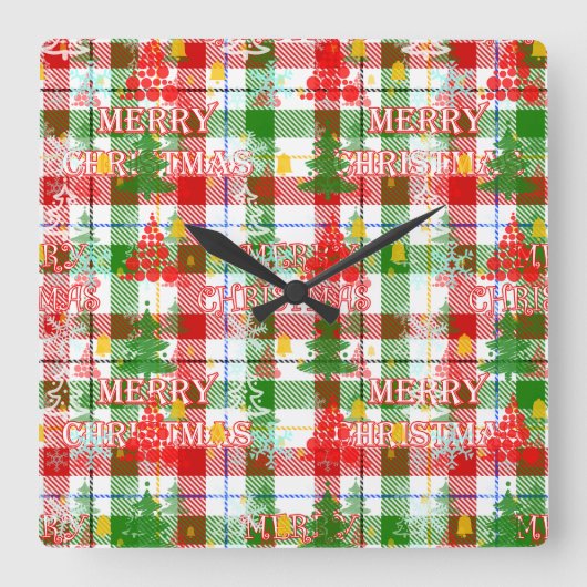 メリークリスマス 飾り プリント タータンチェック スクエア壁時計 (正面)