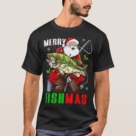 メリークリスマス 魚 おもしろサンタ 魚を持ったサンタ Tシャツ (正面)