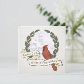 メリークリスマス（鳥）ショウジョウコウカンチョウバードヴィンテージホリーリース シーズンカード (スタンド正面)
