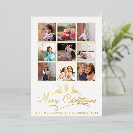 メリークリスマス 鹿と木の写真コラージュ ゴールド 箔シーズンカード (立ち正面)