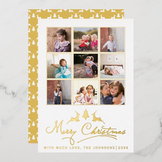 メリークリスマス 鹿と木の写真コラージュ ゴールド 箔シーズンカード (正面/裏面)