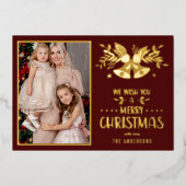メリークリスマス 黄色い家族の写真 箔シーズンカード (正面)