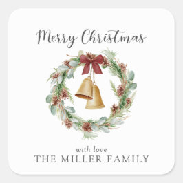 メリークリスマス、黄金の鐘と葉のリース スクエアシール