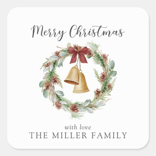 メリークリスマス、黄金の鐘と葉のリース スクエアシール (正面)