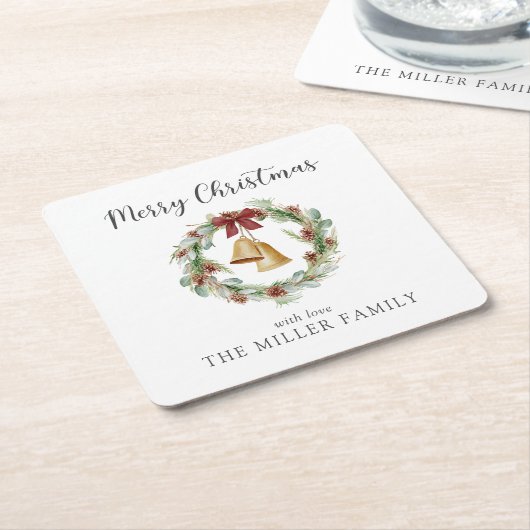 メリークリスマス、黄金の鐘と葉のリース スクエアペーパーコースター (アングル)