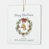 メリークリスマス、黄金の鐘と葉のリース セラミックオーナメント (左)
